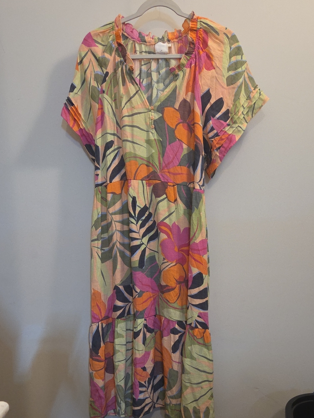 Floral Midi Dress - Pink & Orange Tropical Print (Up04)